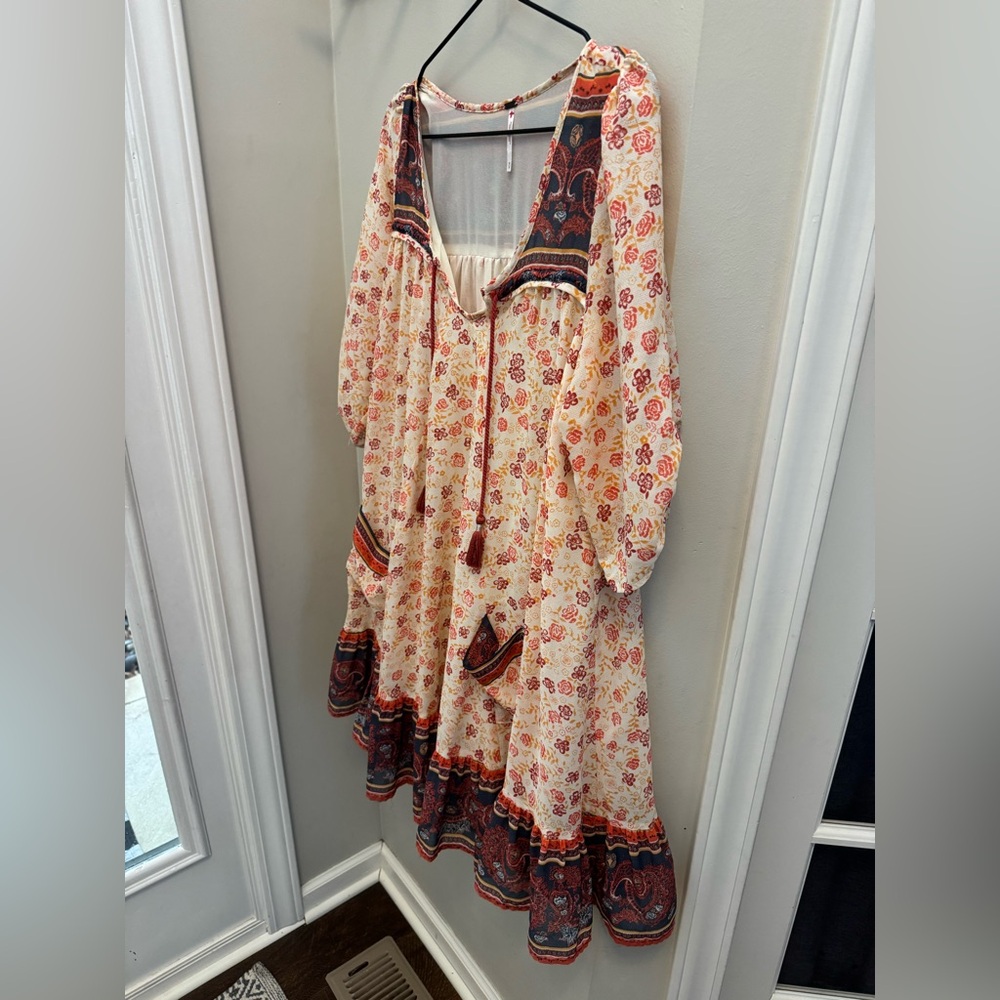 Free People Peach Floral Boho Midi Dress with Red and Navy Trim - Picture 6 of 8